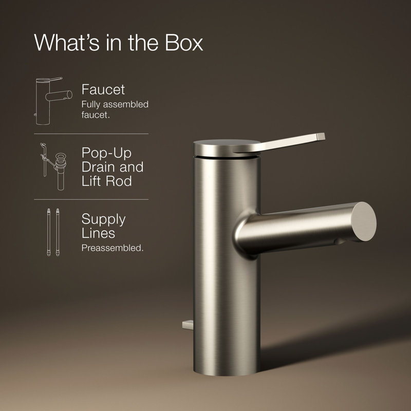 Kohler Elate Single-Handle Bathroom Faucet with Pop-Up Drain Assembly, One Hole Bathroom Sink Faucet, 1.2 gpm, Brushed Nickel