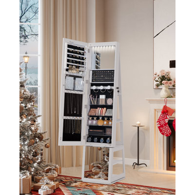 Nickalos 16 LEDs Jewelry Cabinet Armoire, 63" H Standing Jewelry Organizer with 360° Rotating Base, Lockable Full-length Mirror, 4-tier Storage Shelves, 4-in-1 design