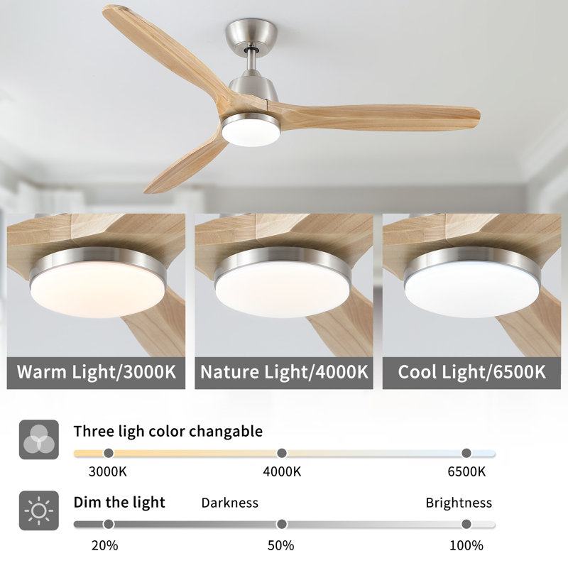Farmhouse 52" 3 Blades LED Ceiling Fan With Lights, Brushed Nickel with Natural Wood Blades