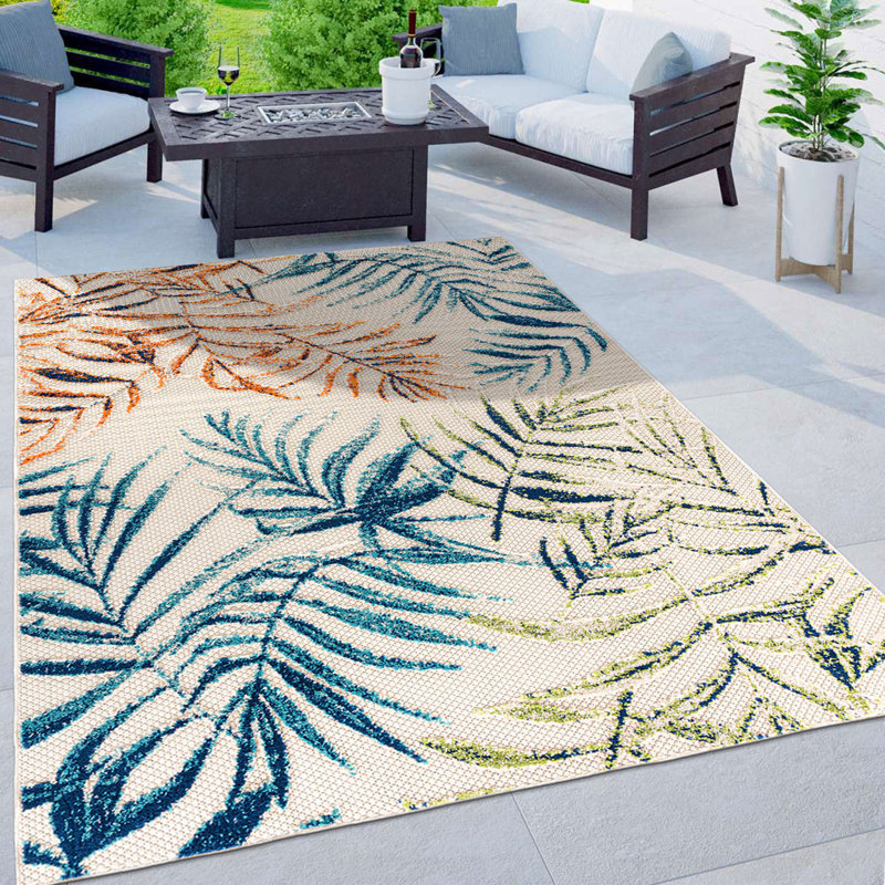Tapis intérieur / extérieur à motif floral orange / ivoire / bleu Onley Palm Frond, Rectangle 5 pi x 7 pi