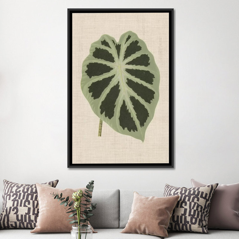 «Leaves on Linen II», impression sur toile, H 48 po x l 32 po x P 1,5 po, Toile avec cadre noir, Pas de tapis