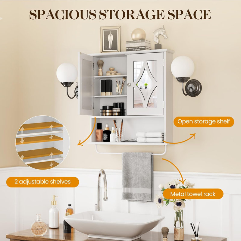  Bathroom Wall Wood Medicine Cabinet with Mirror and Towel Bar, White