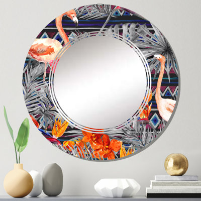 Flamant rose et fleurs exotiques oranges - Miroir mural à motif rond