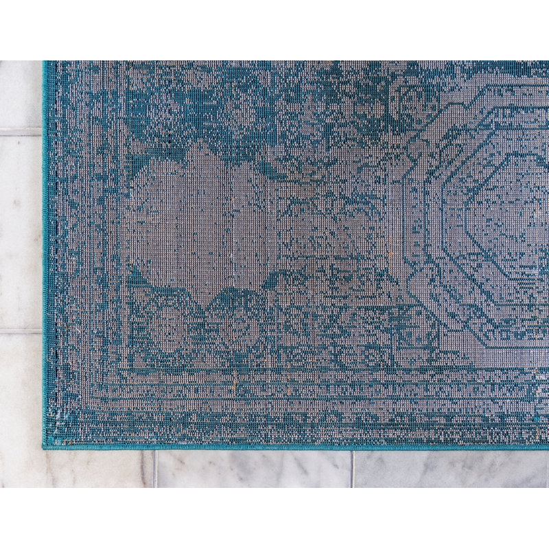 Tapis turquoise à motif géométrique Rizo, Rectangle 7 pi 1 po x 10 pi