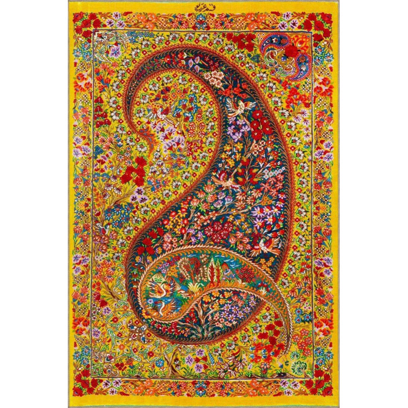 Tapis décoratif jaune à motif floral tissé coloré, Sous-tapis rectangulaire de 3 pi 3 po x 4 pi 11 po