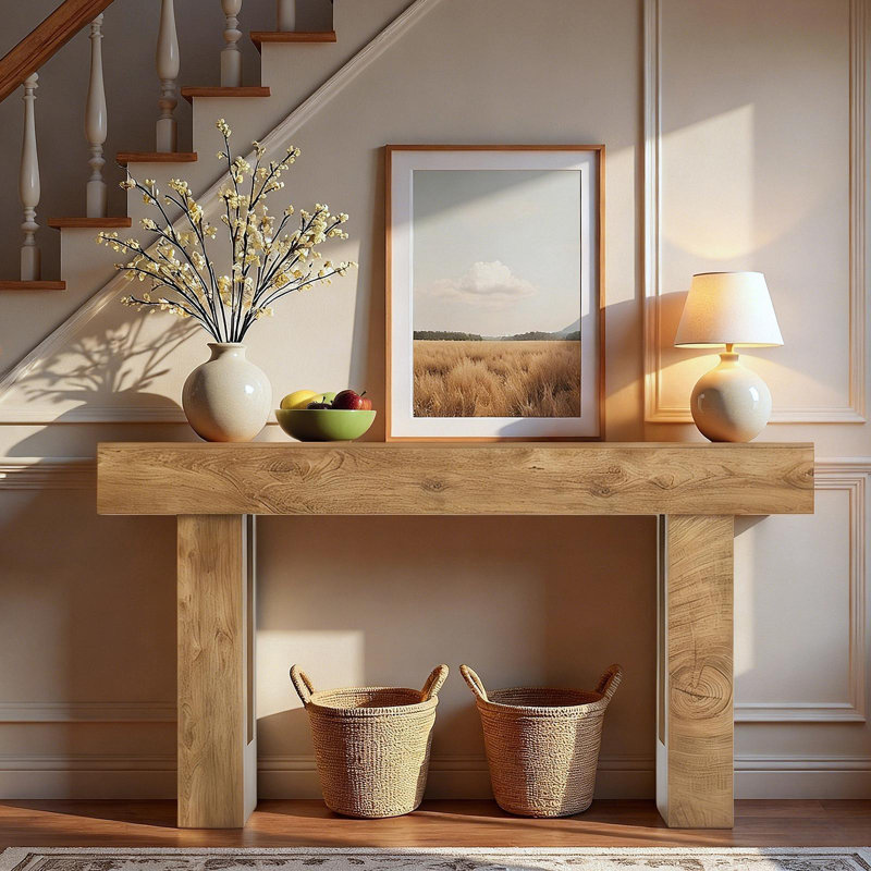Console de 63 po de long, table d'entrée de ferme avec rangement, cicatrices d'arbre à grain de bois, canapé rectangulaire en bois derrière le canapé pour l'entrée, couloir, salon, vestibule (bois naturel)