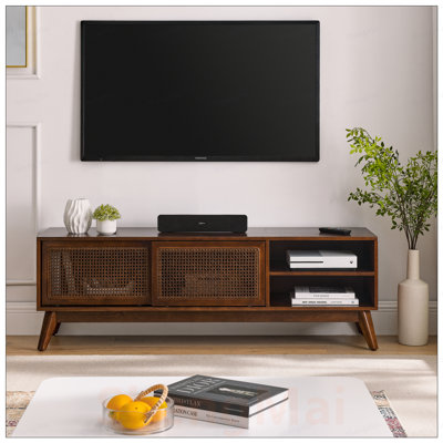 Meuble télé 59 po en rotin de style Mid-Century moderne avec rangement, pieds en bois massif, idéal pour les téléviseurs de 65 po et l'organisation du salon