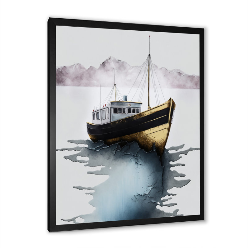 Bateau de pêche doré moderne III - impression, Cadre photo noir, H 20 po x l 12 po x P 1 po
