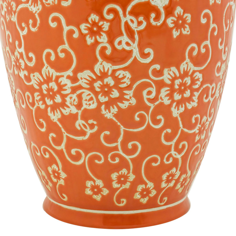 14" Bright Yellow Tung Chi Vase, Orange Floral