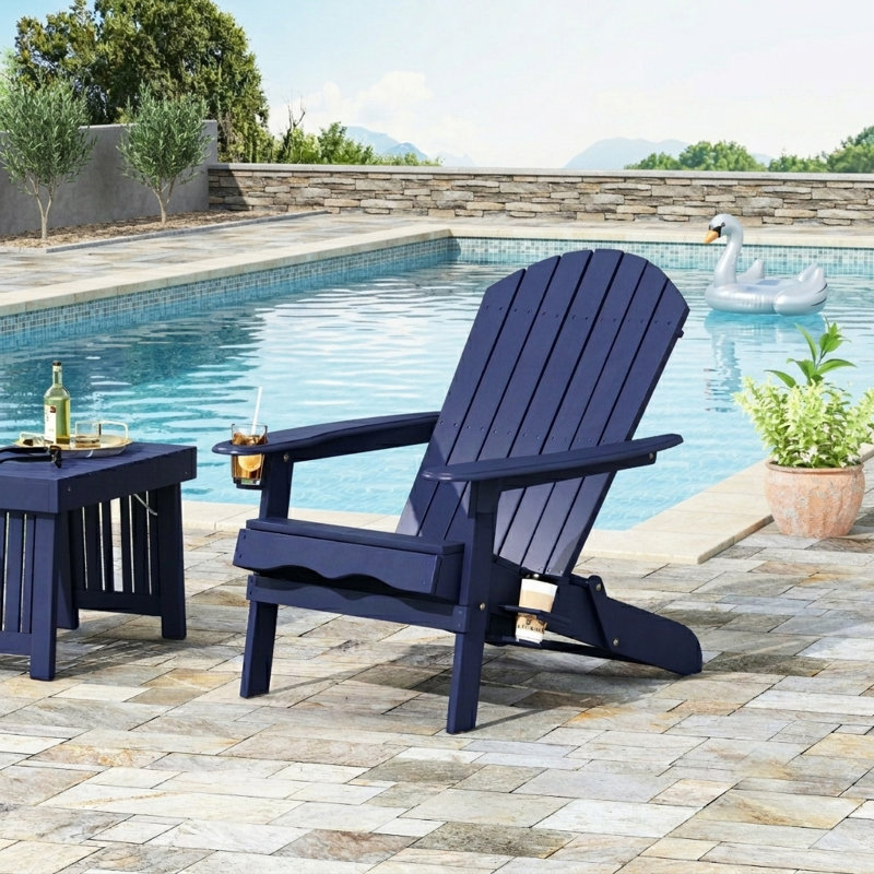Chaise Adirondack pliante en bois franc Zenithia avec 2 porte-gobelets, chaise d'extérieur à lattes pour terrasse et bord de piscine