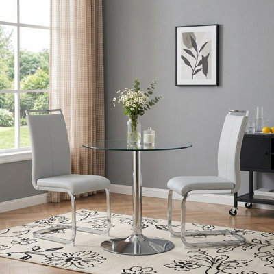 Modern Faux Leather Upholstered Dining Chairs Set of 2 with Chrome Base and Handles
