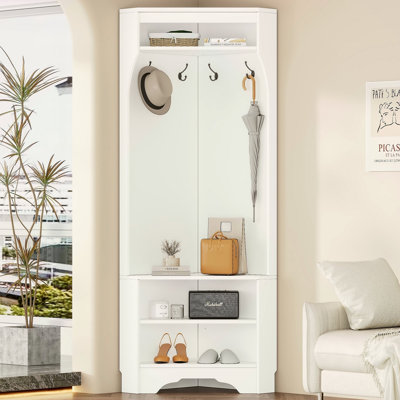 Arbre d'entrée minimaliste avec banc à chaussures, portemanteau polyvalent avec 4 crochets, armoire d'angle avec tablette réglable pour le couloir et le salon, l 29,5 po x H 71,6 po