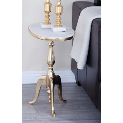 Masham Aluminum Metal Turned Oval Side End Gold Accent Table with Marble Top and Scroll Legs