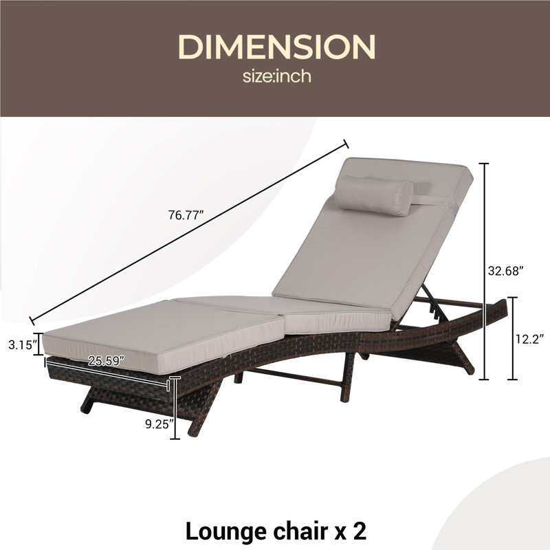 Outdoor Wicker Long Reclining Chair Set Of 2 , Wicker Reclining Lounge Chair Lawn Sunbathing Chairs Recliner Up To 150° Beach Poolside Garden