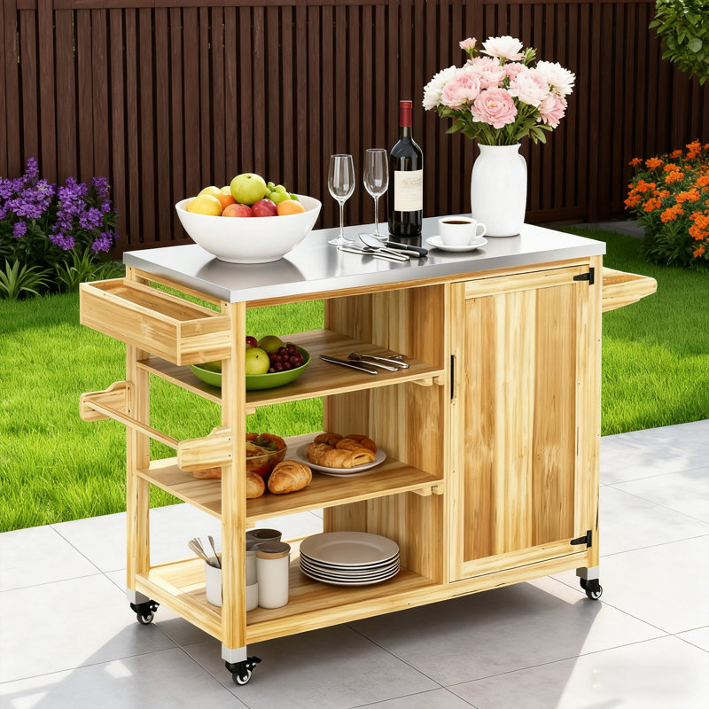 Rolling Solid Wood Outdoor Kitchen Cart with Stainless Steel Top