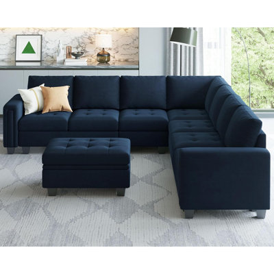 Skerl 7 - Piece Large L Shaped Velvet Modular Sofa Living room Corner Sofa Sectional Couch with Storage Ottoman