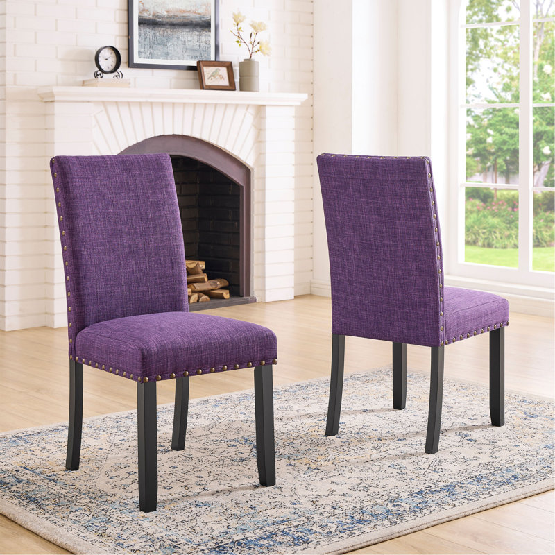 Chaises de salle à manger en tissu avec garniture cloutée, ensemble de 2, Purple, Purple