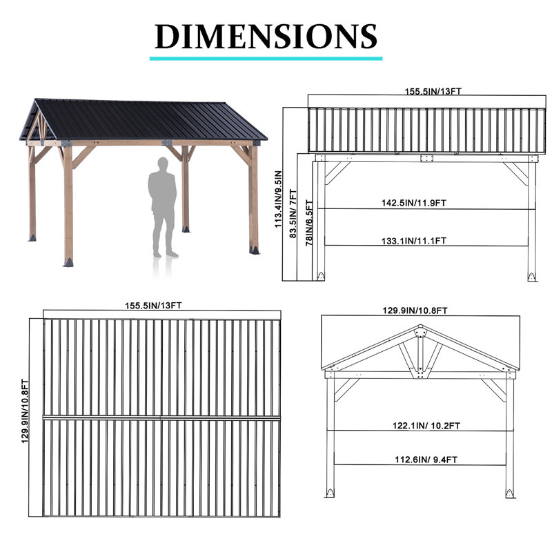 13 pi. L 11 pi. X P 11 pi. D Pavillon de jardin en bois massif