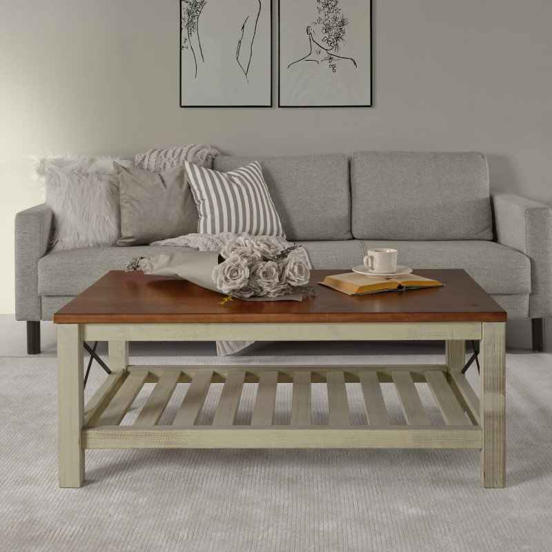 Solid Wood Coffee Table with Storage, White
