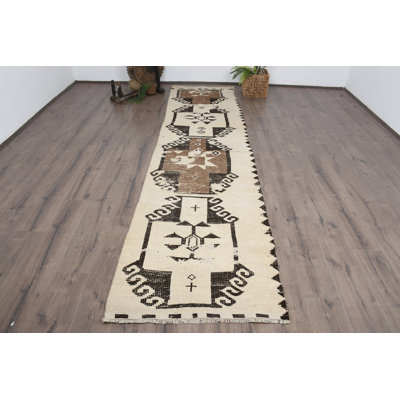 Tapis kilim en laine beige à motif géométrique 35,4 x 139,4 pouces