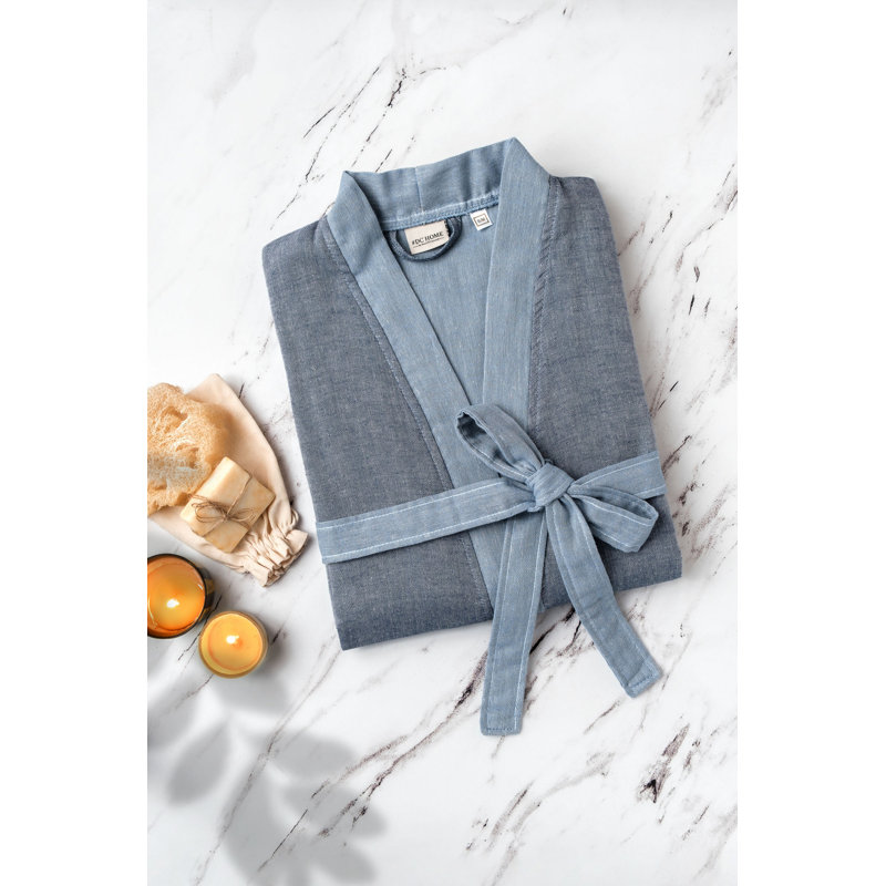 Peignoir 100% coton mi-mollet avec poches, P / M, Bleu