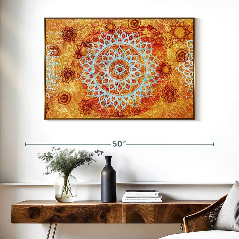 Soleil comme mandala, Cadre flottant doré, 40 po x 27 po
