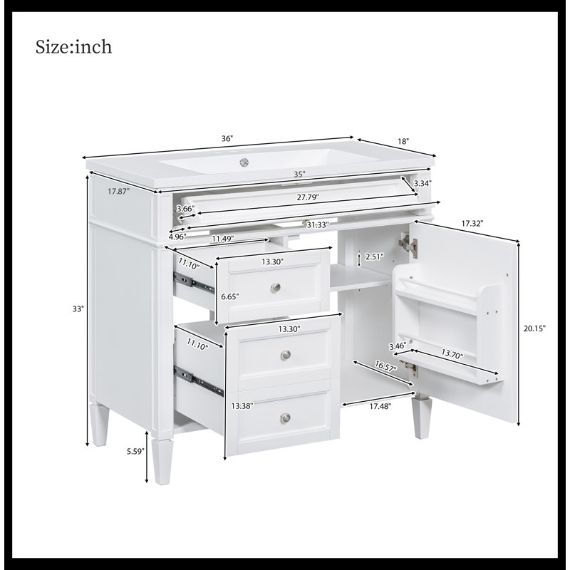 Meuble-lavabo moderne 36 po avec lavabo supérieur, Blanc