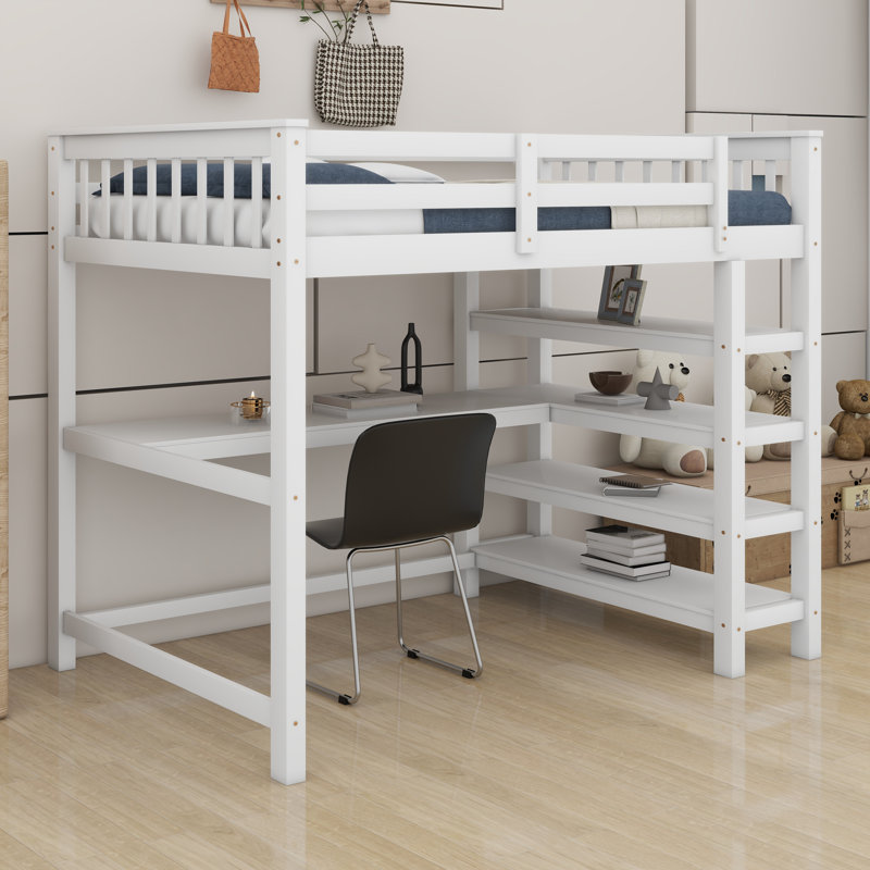Wood Loft Bed With Desk : Full Size Loft Bed With 4-Storage Shelves And Under-Bed Desk Solid Wood Bed