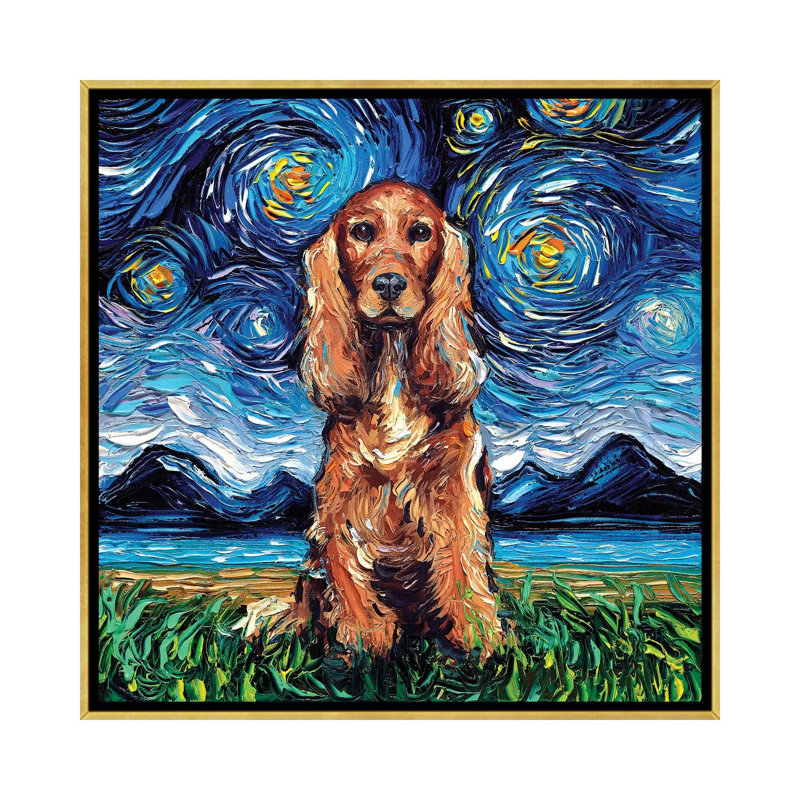 « Red Cocker Spaniel Night » par aja Trèves, reproduction d’art, H 37 po x l 37 po x P 1,5 po, Toile encadrée d'or