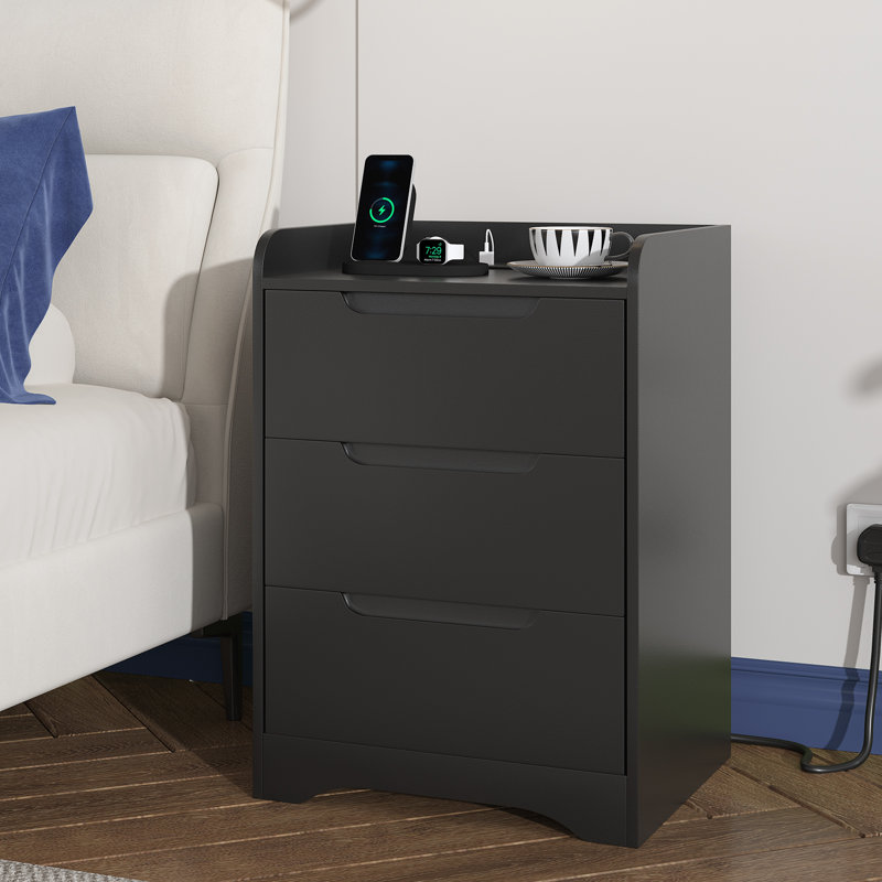 3 Drawer Bedside Table with Charging Station, Bedside Cabinet with Spacious Tabletop, 2 AC Sockets, 1 USB-A & 1 USB-C Port, 35cm W Bedside Table