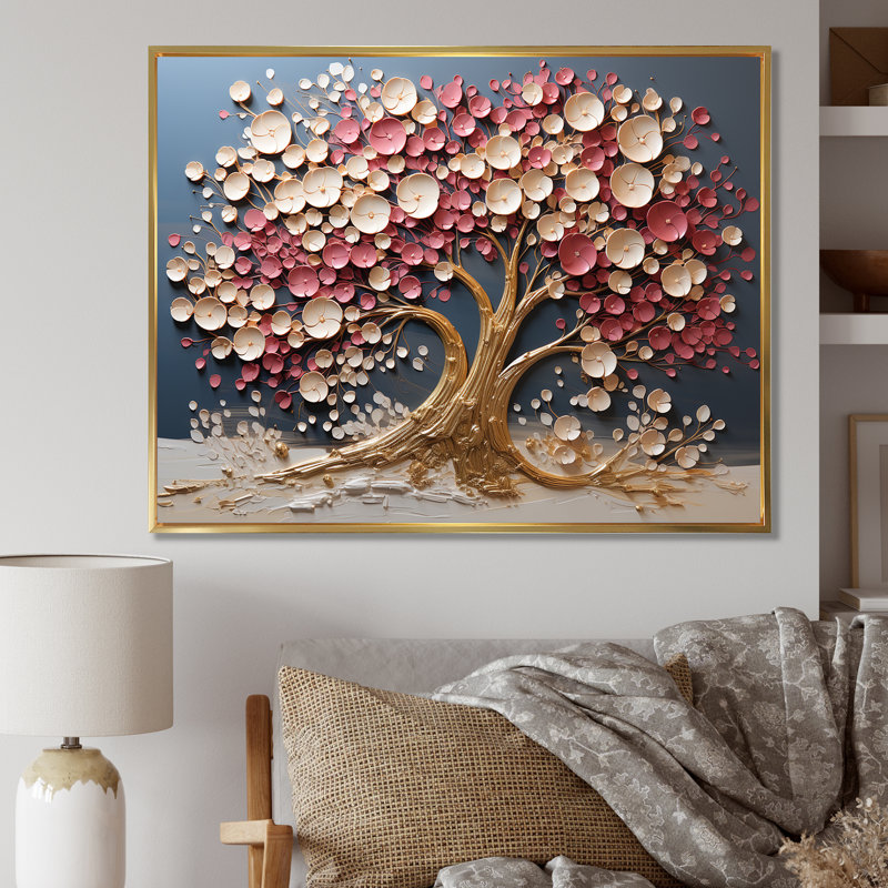 Orchidée rose et or, jardin de branches VI - arbre, art mural, Cadre flottant doré, H 12 po x l 20 po x P 1 po