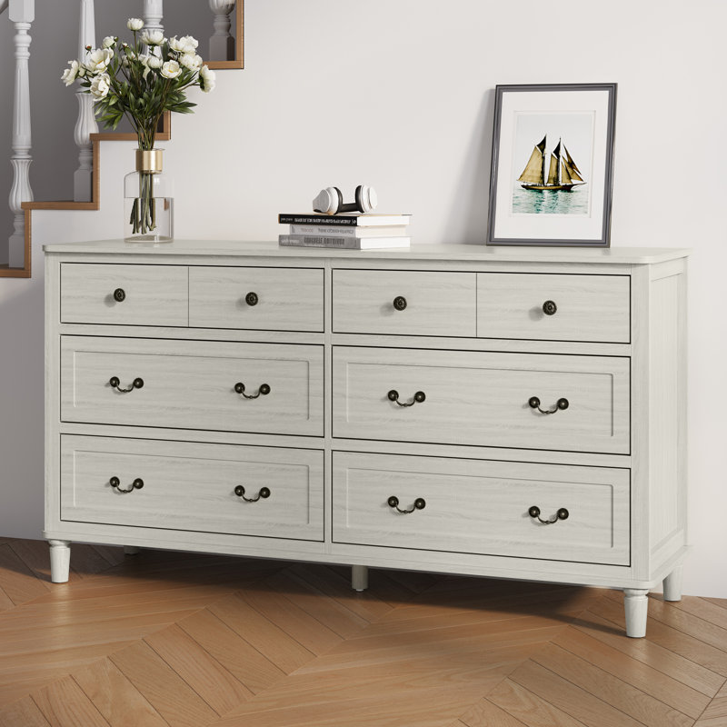 Très grande commode 6 tiroirs Geli, gris clair