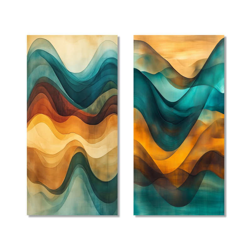 Vagues de turquoise et de brun - ensemble de 2 décorations murales surdimensionnées contemporaines en métal, 40" H x 40" W
