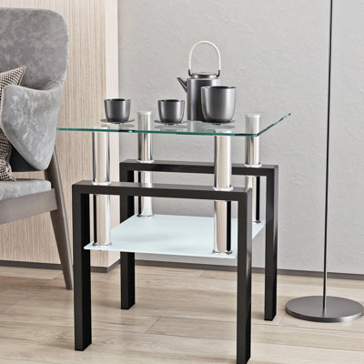 Table basse carrée moderne en verre trempé pour salon, transparente/noire, facile à monter et à nettoyer, 45,5 cm x 45,5 cm x 52 cm, capacité de charge de 68 kg. Table d'appoint carrée noire, transparente.