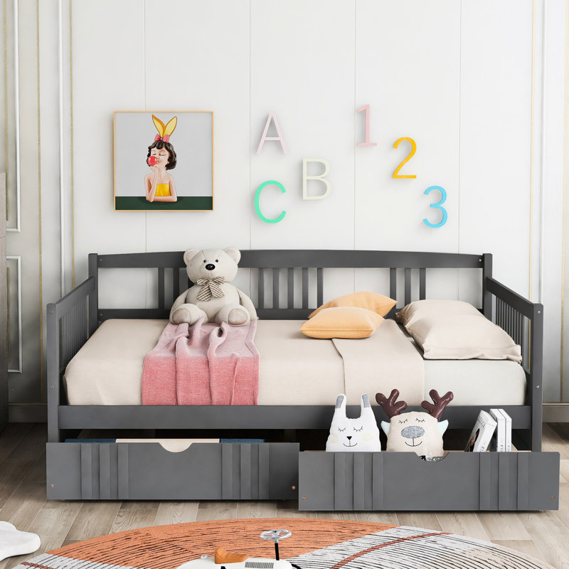 Gray Daybed With Two Storage Drawers - Solid Wood For A Tidy Home Living Area Enhancing Your Space, Gray