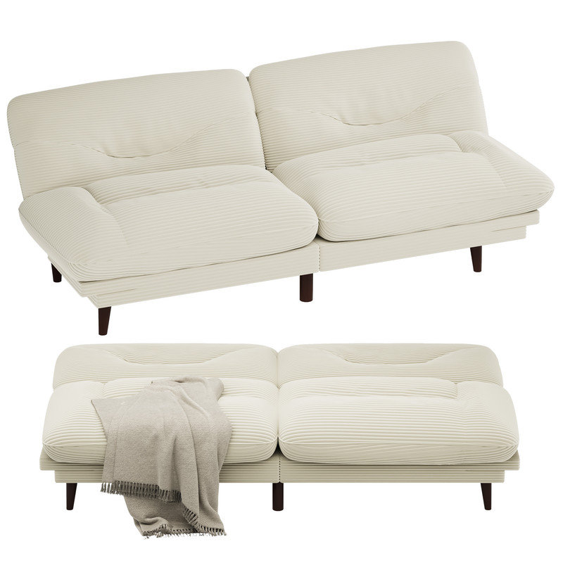 65” Futon multi-person sofa that can be converted into bed with adjustable back and ends, Beige Corduroy