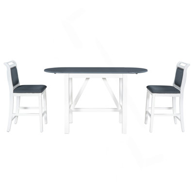 3-Piece Wood Counter Height Drop Leaf Dining Table Set With 2 Upholstered Dining Chairs For Small Place, White+Gray