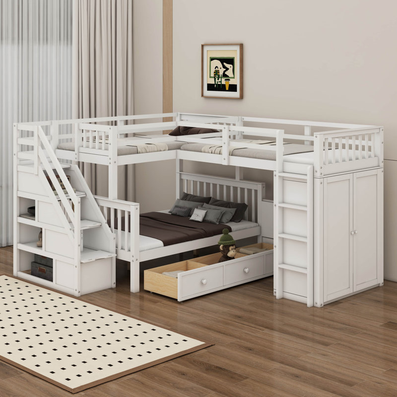 Lit superposé simple au-dessus d'un lit double en L avec bureau, tiroirs et garde-robe, Blanc