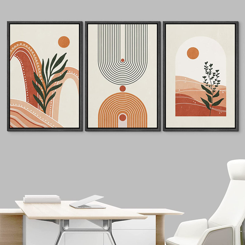 «Mid Century Modern Boho Sunny Desert Plants», ensemble de 3 impressions sur toile à cadre flottant, H 24 po x l 48 po, Noir