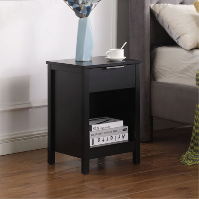 Nightstand with Drawer,3-Tier End Side Table with Storage Drawer and Shelf,Modern Bedside Night Stand for Bedroom, Living Room-Retro Black