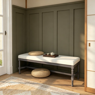 Wood Home Entryway Bench with Upholstered Burlap Seat, Traditional Trestle Style Hallway Bench for Living Room, Bedroom, Gray Frame, 47 x 16 x 18 Inches