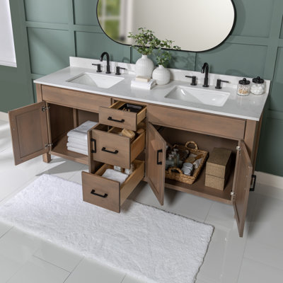 Ensemble de meuble-lavabo à double cuve 73 "avec plateau en quartz de Carrare doré Rydburgh