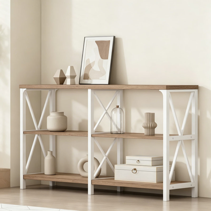 Table d'entrée de ferme avec tablettes de rangement, console de télévision industrielle, table de canapé en métal rustique, table de couloir de vestibule moderne pour le salon, chêne blanc et rustique