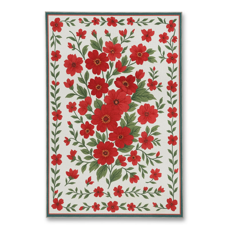 Tapis vert tissé à motif floral lavable Mosso, 2'6" x 4'11"