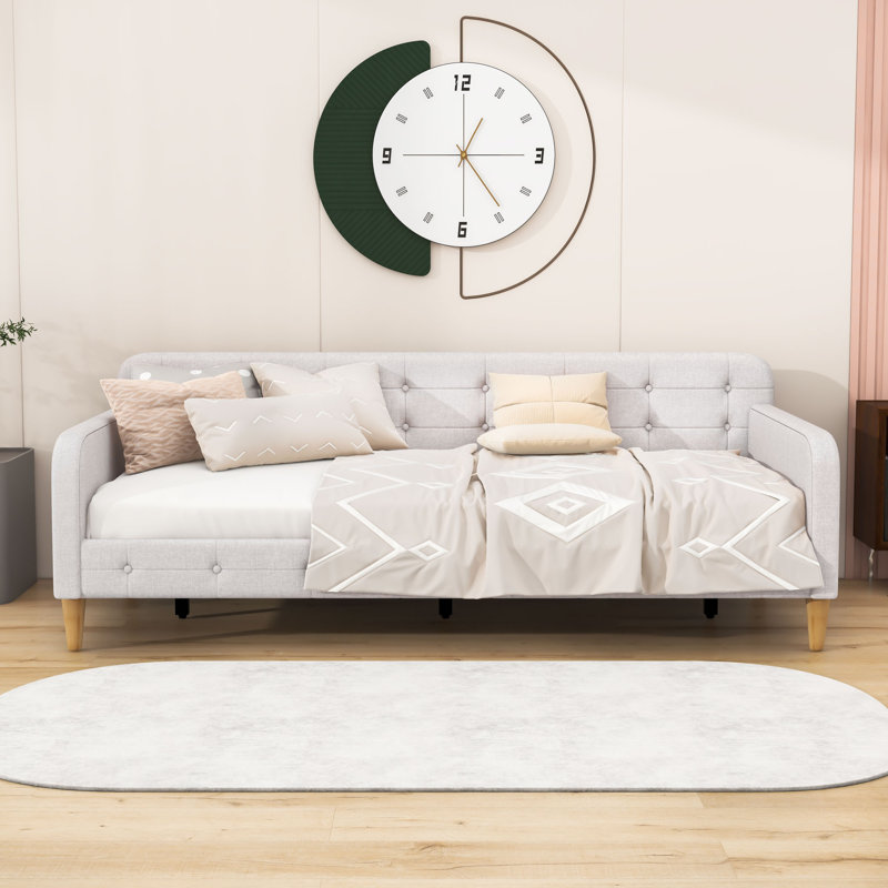 Full Upholstered Dayed With Slats And Legs, Beige, Twin