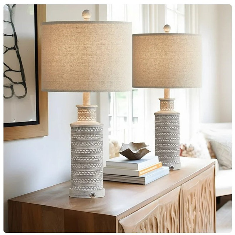 24.5" Beige and Gray Resin Farmhouse Table Lamp Set