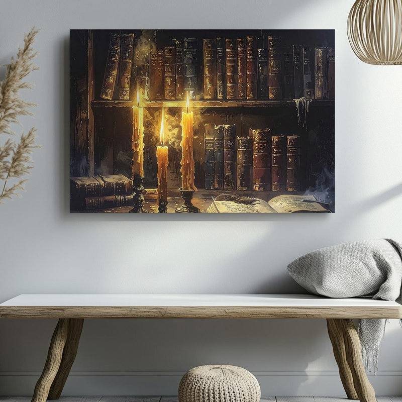 Toile arcane bibliothèque coin Moody aux chandelles Sorcery Wall Art prêt à accrocher galerie décorée décoration moderne de qualité supérieure
