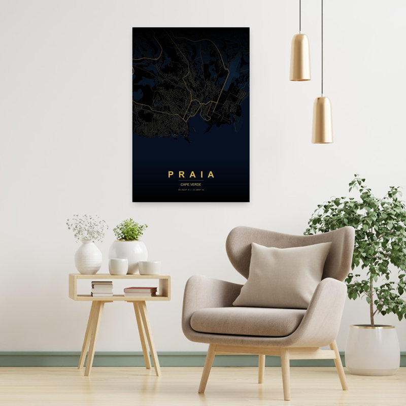 «Praia Golden Night Map Modern Abstract City Coastal», art mural, 36" H x 24" W