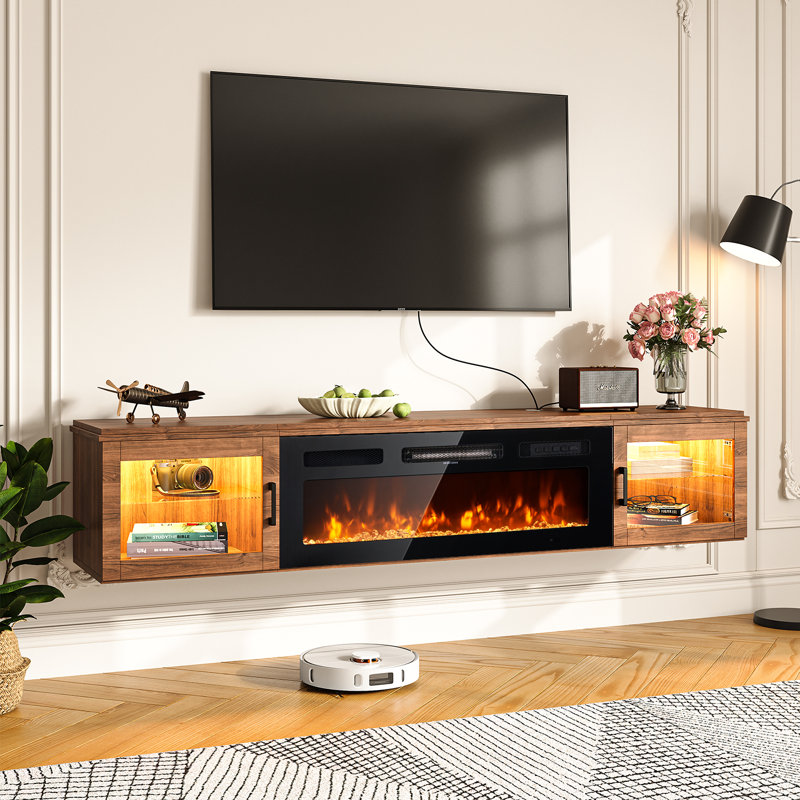 70'' Floating Fireplace Tv Stand With 36" Electric Fireplace, Led Light Entertainment Center With Storage, Wall Mounted Media Tv Console With Glass Door For Living Room