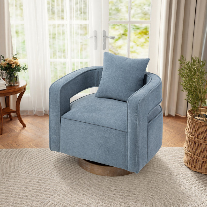 Fauteuil demi-tonneau moderne pivotant avec dossier ouvert, Mélange de lin bleu pâle